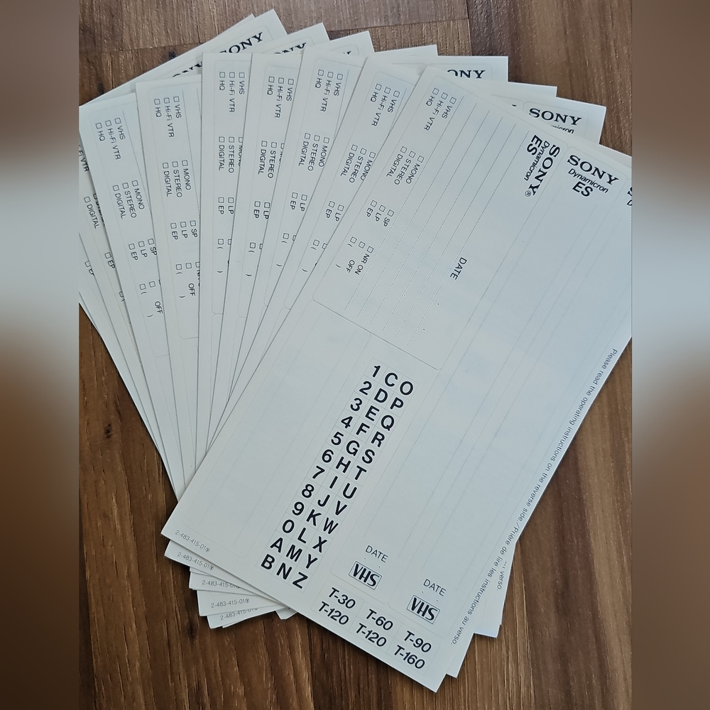 Sony White VHS Tape Labels Set Of 10